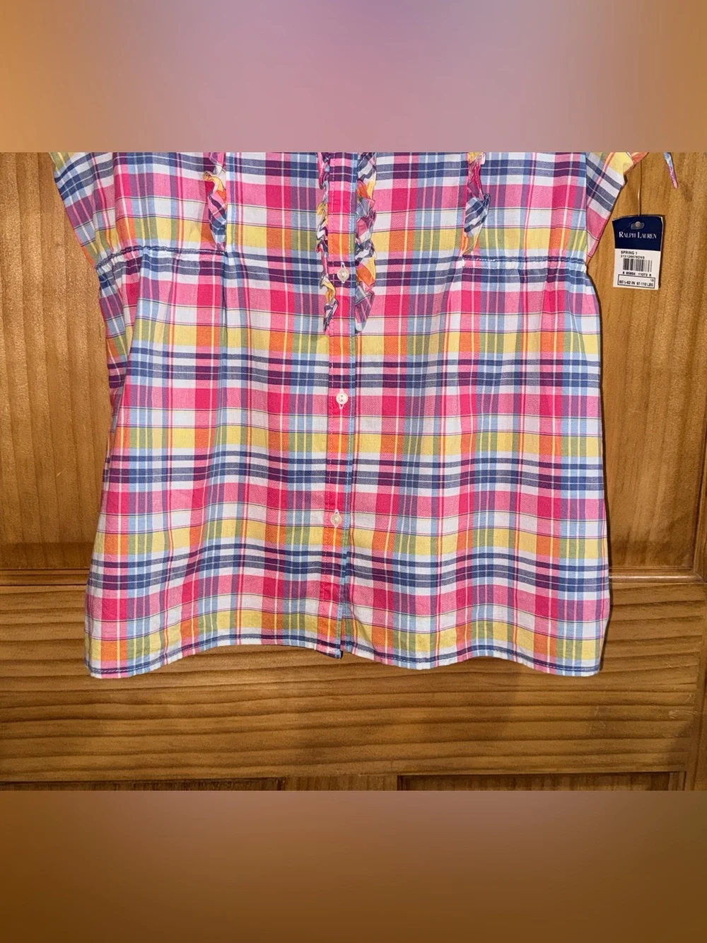 Ralph Lauren Pink Yellow Blue Plaid Ruffle Front Short Sleeve Blouse